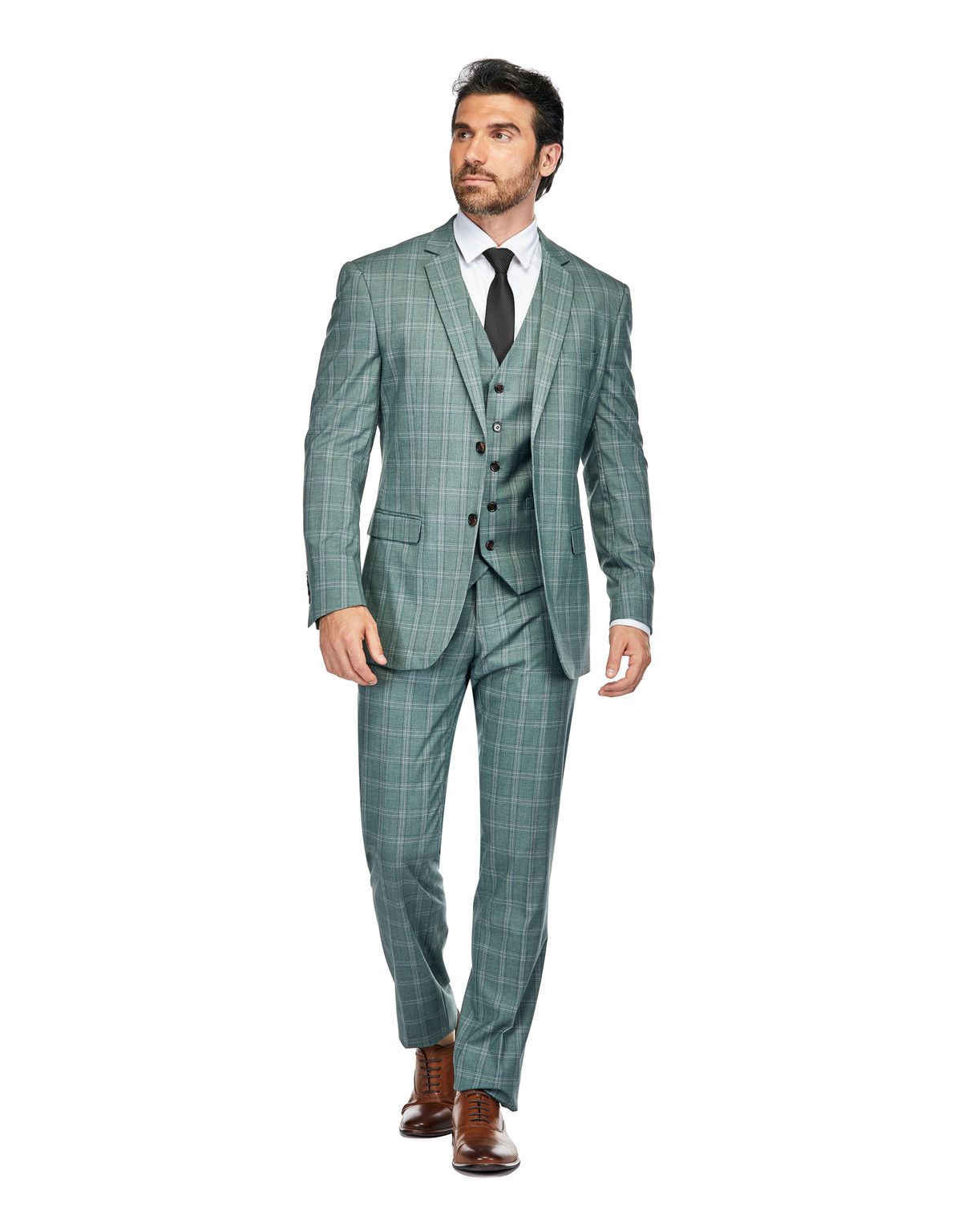Men's 3 Piece Slim Fit Green Plaid Suit - Green