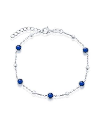 Sterling Silver Bezel-Set and Cz Bead Bracelet (White, Green, Blue Or Red) - Sapphire