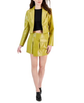Shop Avec Les Filles Womens Faux Leather Cropped Blazer Skort In Warm Green
