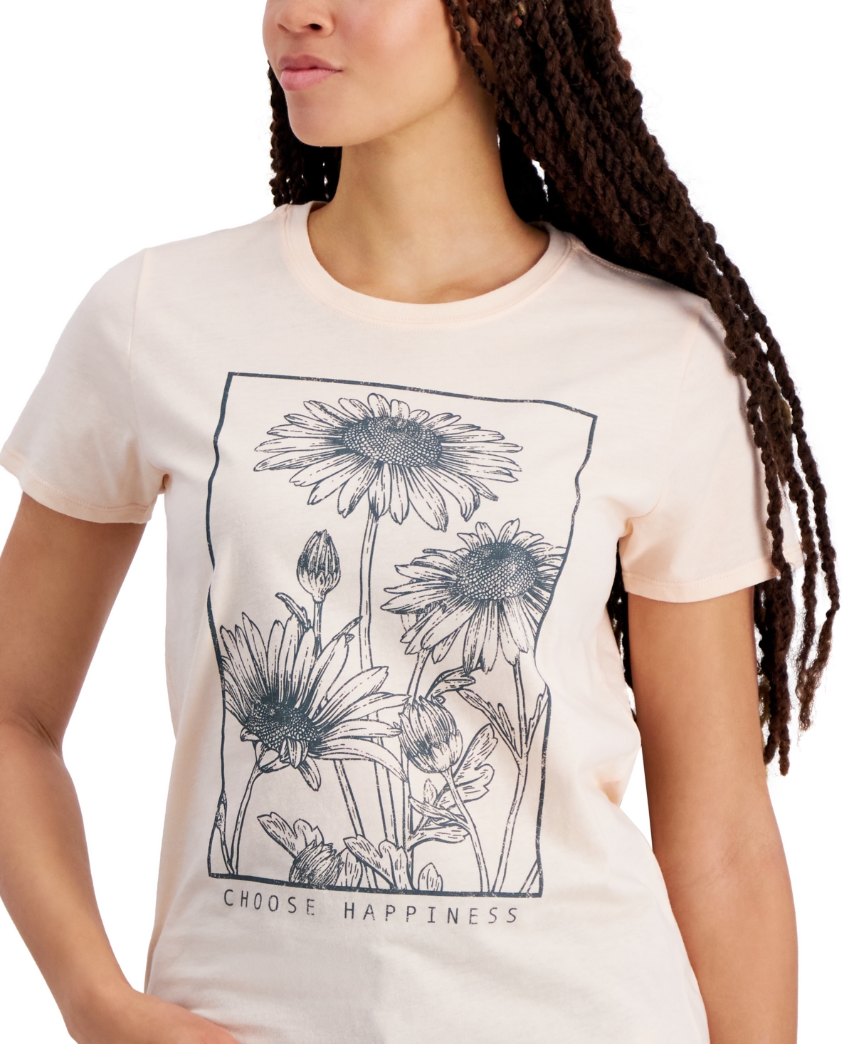 Shop Rebellious One Juniors' Choose Happiness Sunflower Graphic T-shirt In Pale Peach