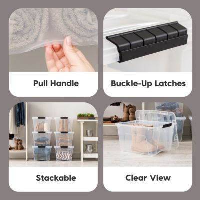 6 Pack 32qt Clear View Plastic Storage Bin with Lid and Secure Latching Buckles