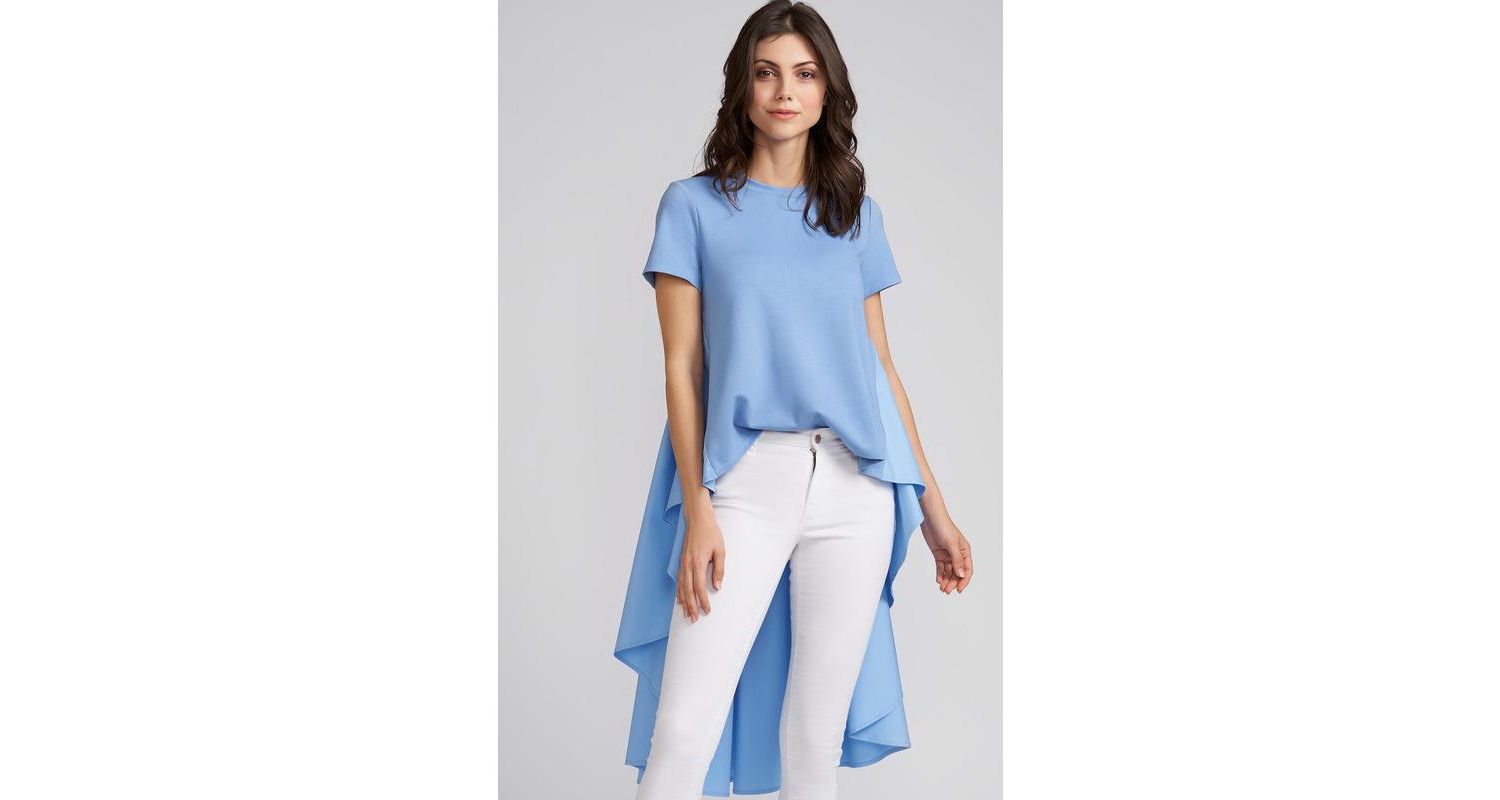 Women's Piper High Low Short Sleeve Top with Cotton Knit Cropped Bodice and Polished Cotton Long Peplum
