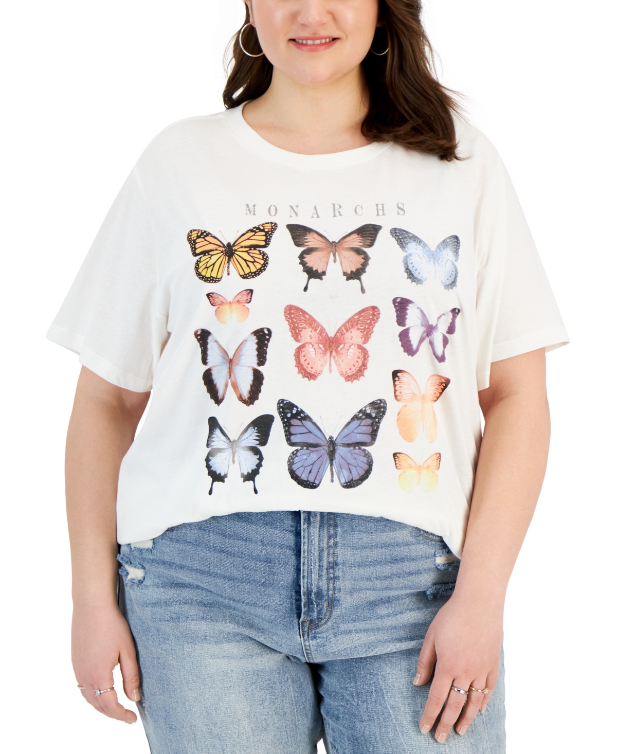 Trendy Plus Size Butterfly Grid Graphic T-Shirt - White