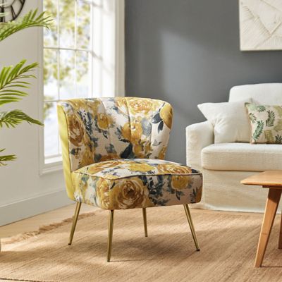 1 piece Tufted Floral Fabric Gold Metal Legs  Accent Chair