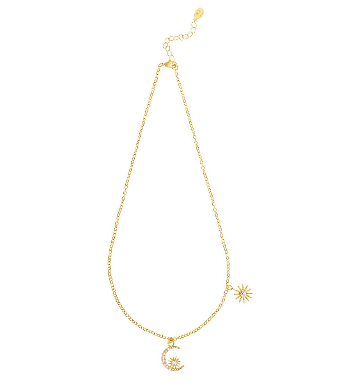 Cz Encrusted Moon & Star Necklace - Gold with clear cubic zirconia