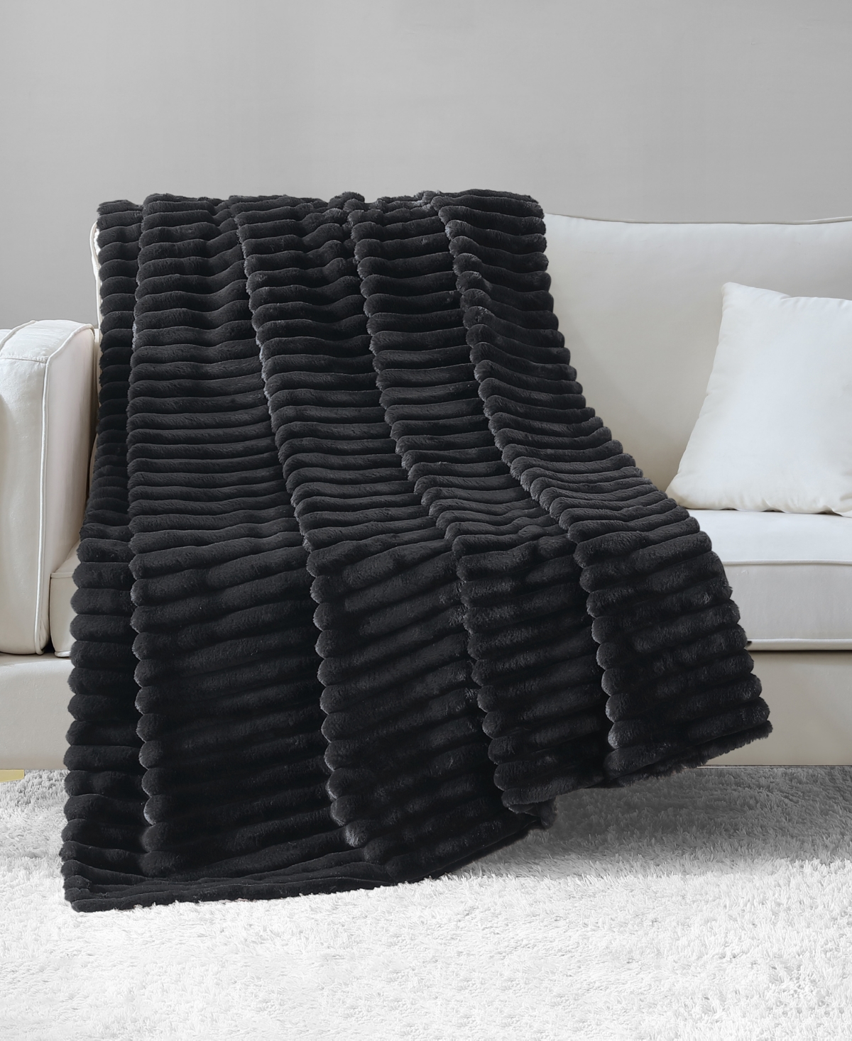 Juicy Couture Ribbed Faux Fur Throw, 50" X 70" In Black