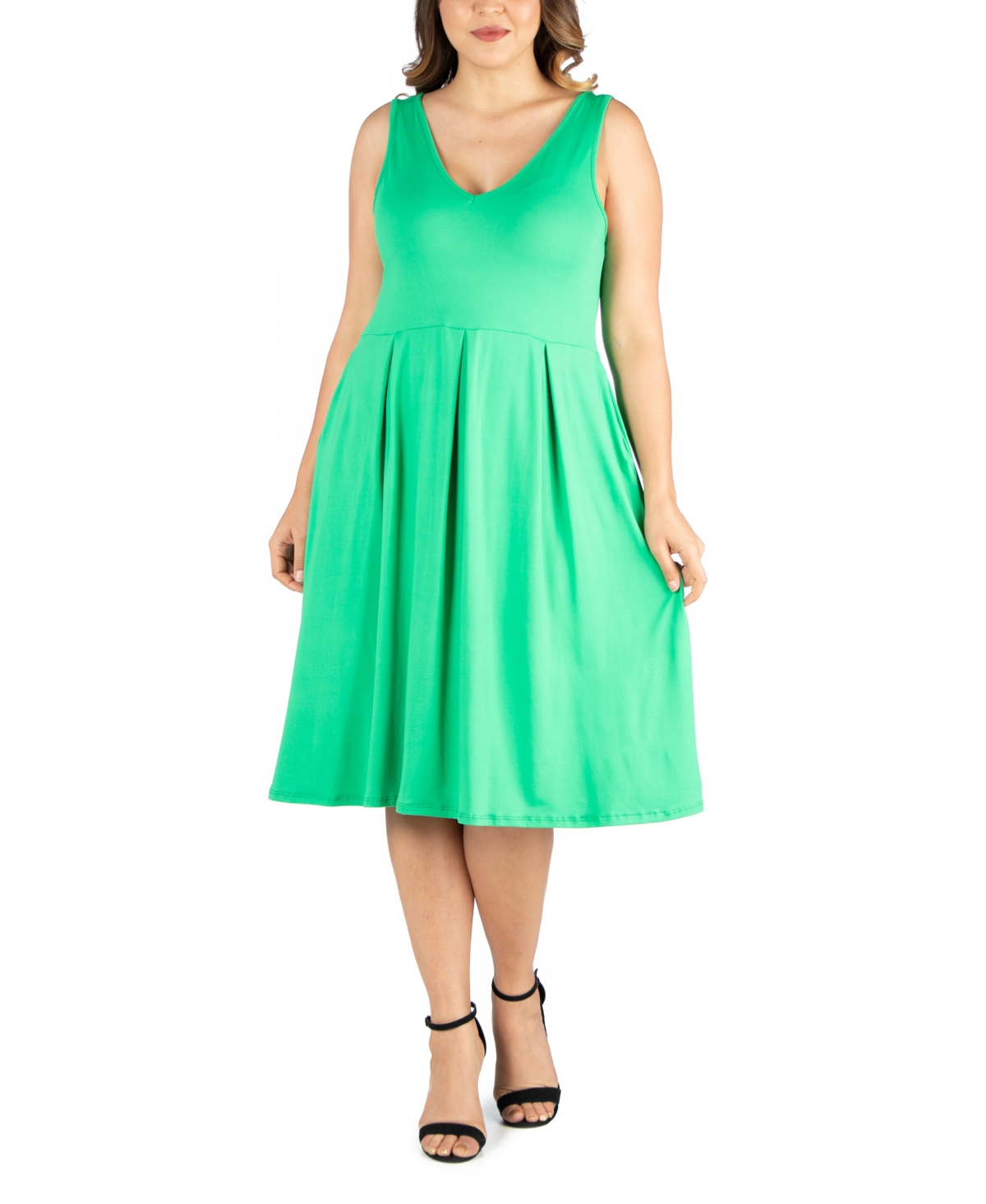 24seven Comfort Apparel Plus Size Midi Fit and Flare Pocket Dress