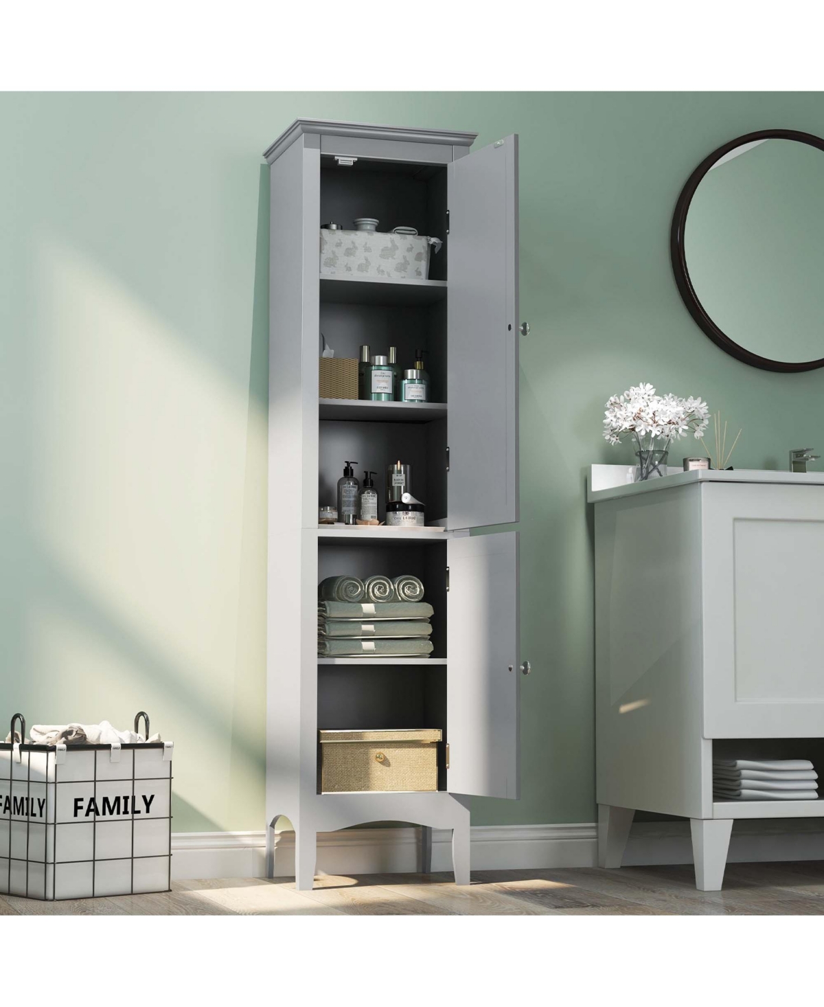 Tall Bathroom Floor Cabinet Narrow Linen Tower with 2 Doors & Adjustable Shelf