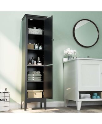Tall Bathroom Floor Cabinet Narrow Linen Tower with 2 Doors & Adjustable Shelf