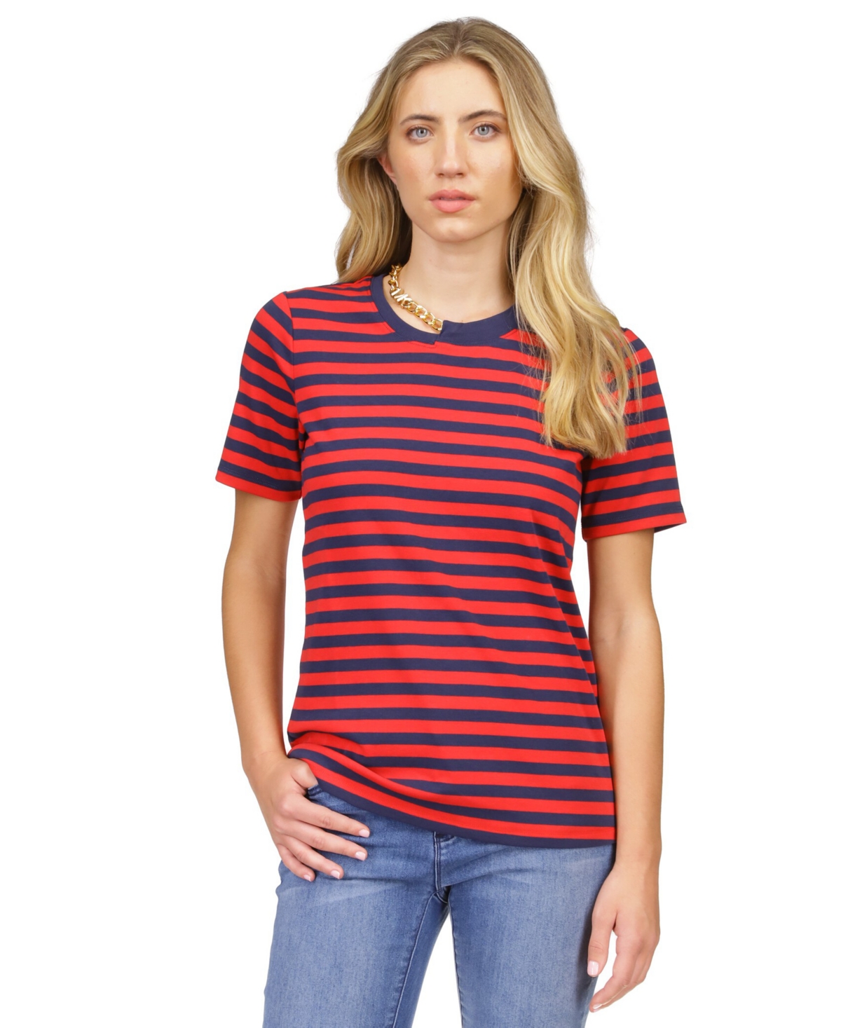Michael Kors Michael  Women's Striped Chain-neck T-shirt In Lacquer Red