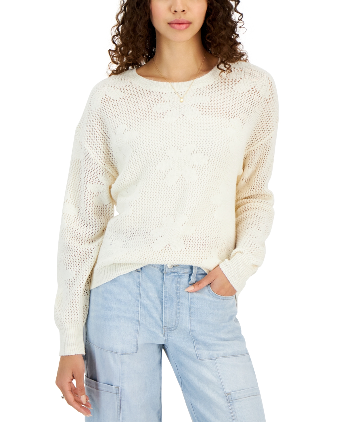 Juniors' Floral Mesh Crewneck Sweater - New Cream