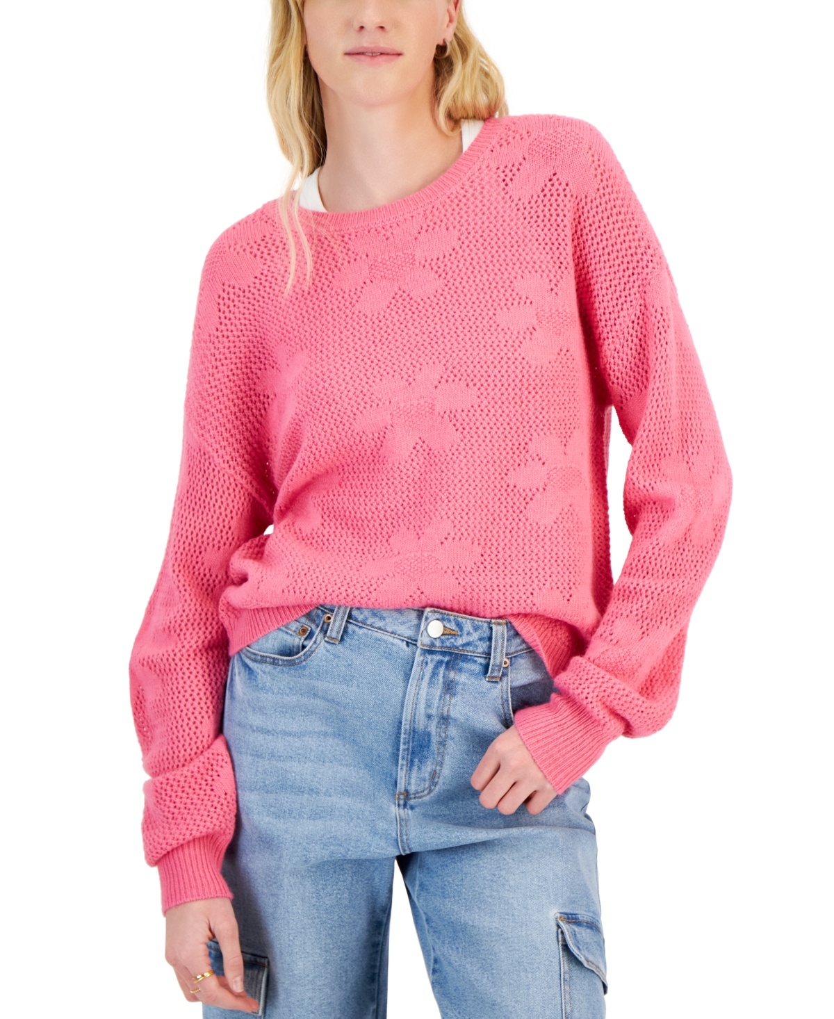 Shop Hooked Up By Iot Juniors' Floral Mesh Crewneck Sweater In Agave Pink