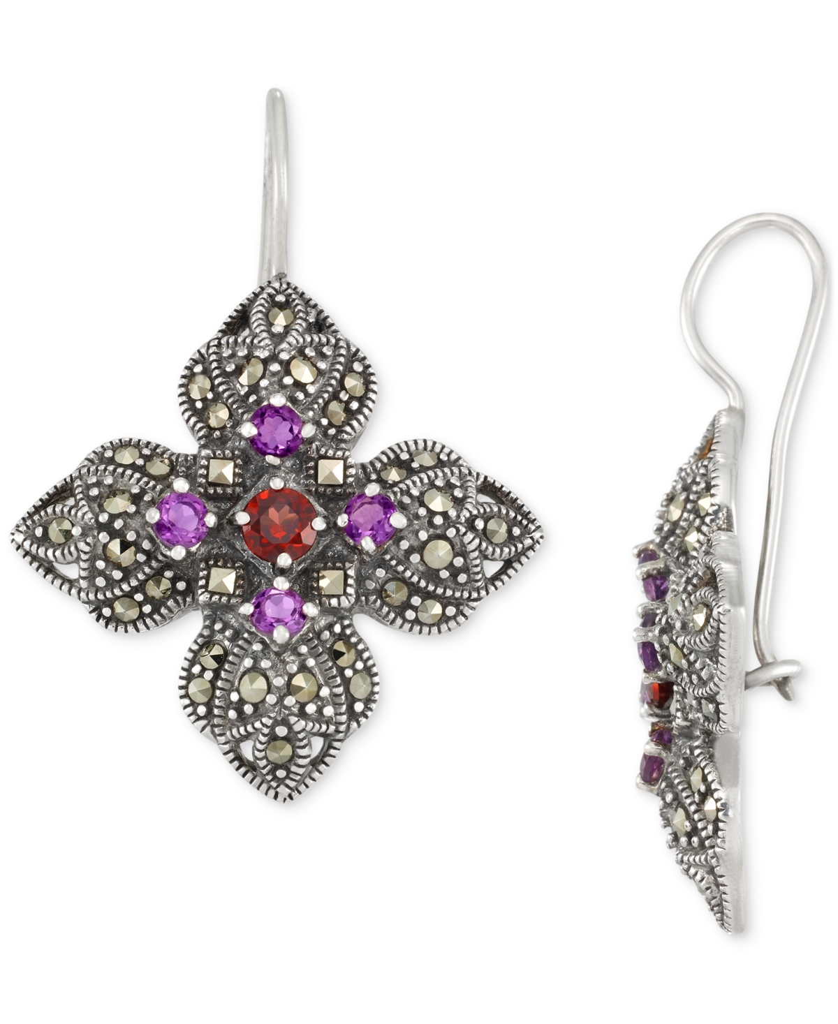 Multi-Gemstone (2-1/2 ct. t.w.) Flower Wire Earrings in Sterling Silver - Multi-Gemstone