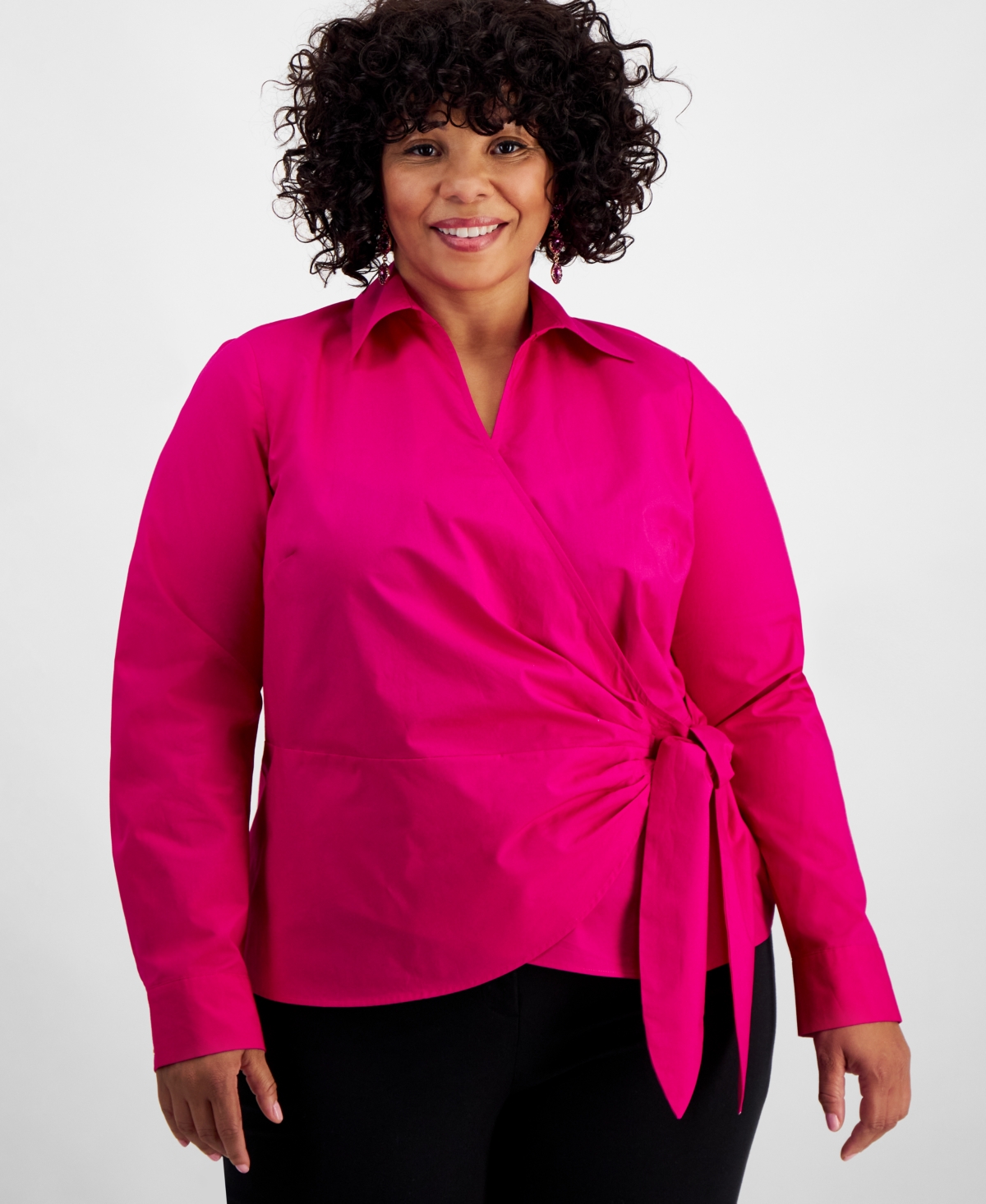 Inc International Concepts Plus Size Cotton Collared Wrap Top, Created For Macy's In Pink Dragonfruit