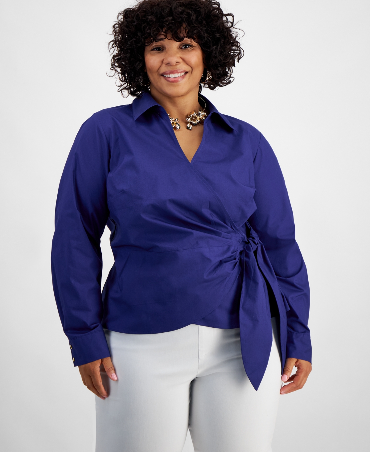 Inc International Concepts Plus Size Cotton Collared Wrap Top, Created For Macy's In Sapphire Crush