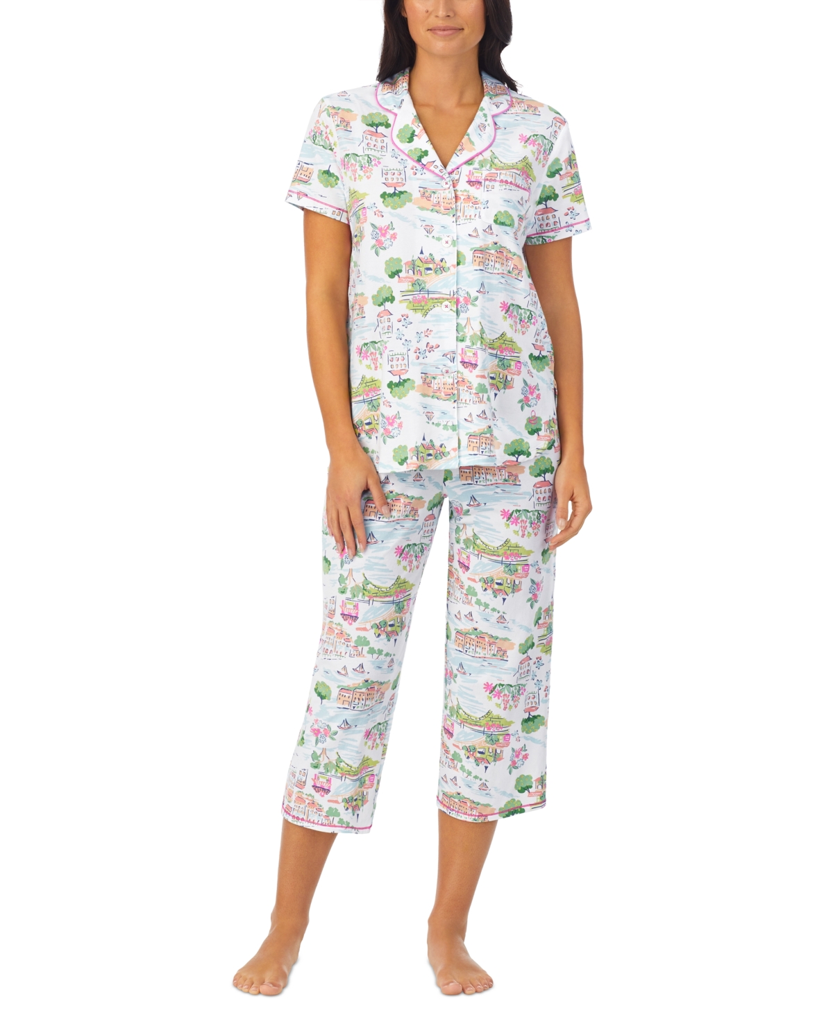 Cuddl Duds Women's 2-pc. Notched-collar Cropped Pajamas Set In Whtnovl