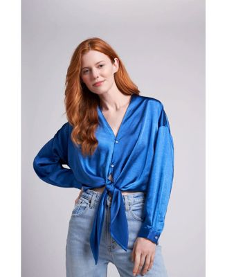 Women's Emma Oversized Crinkled Satin Button and Tie Front Cropped Blouse