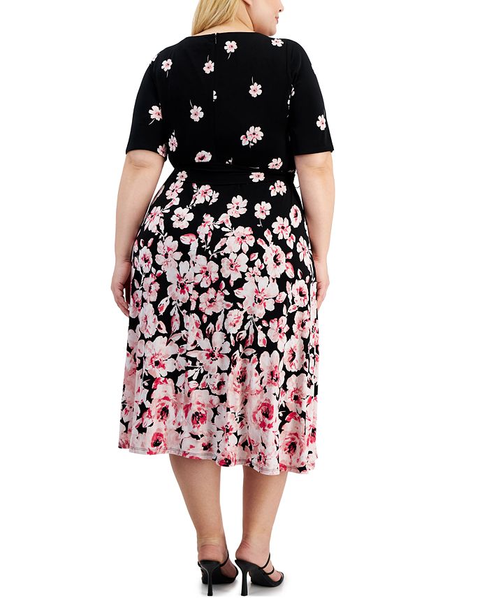 Kasper Plus Size Floral Border Tie-Waist Midi Dress - Macy's