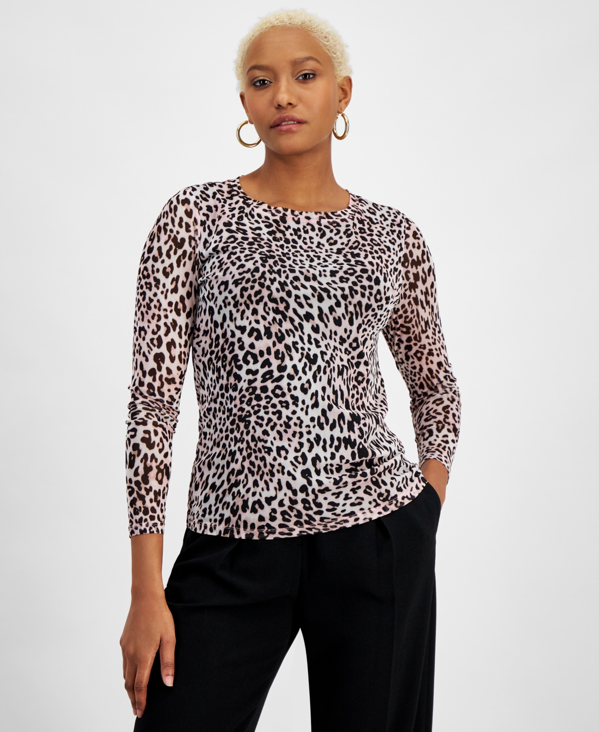 Bar Iii Women's Animal-print Long-sleeve Mesh Top, Created For Macy's In Rosebud Multi