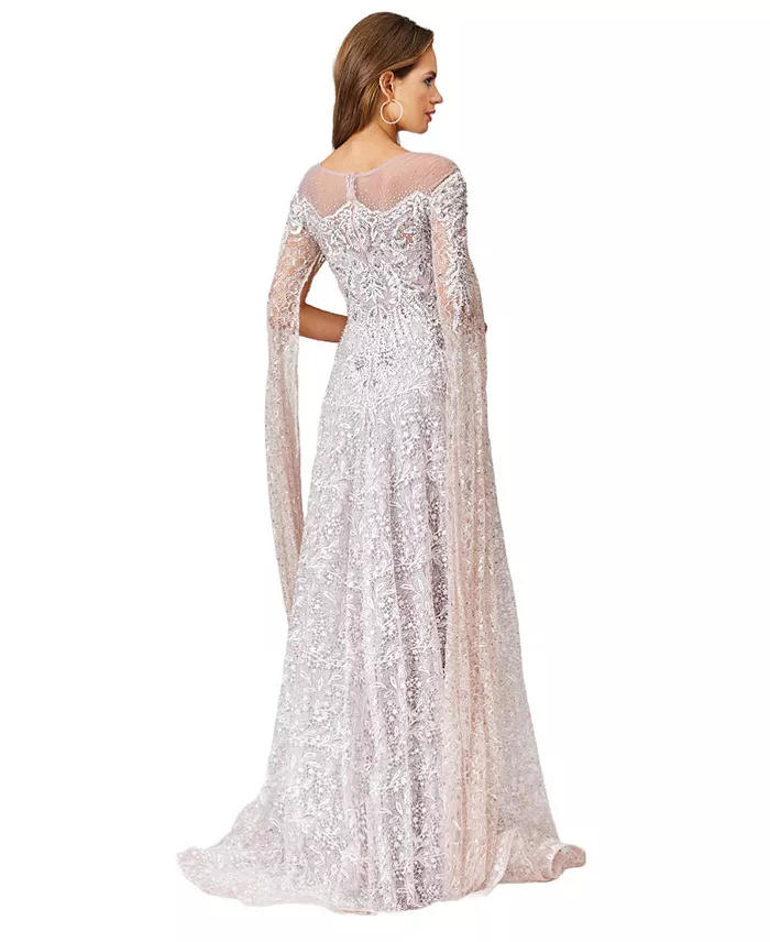 Women's Lace Gown with Dramatic Cape Sleeves - thumbnail 4