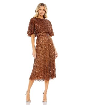 Women's Embellished Cape High Neck Midi Dress