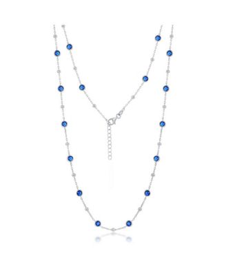 Sterling Silver Bezel-Set CZ & Bead Station Necklace (White, Green, Blue, Or Red)