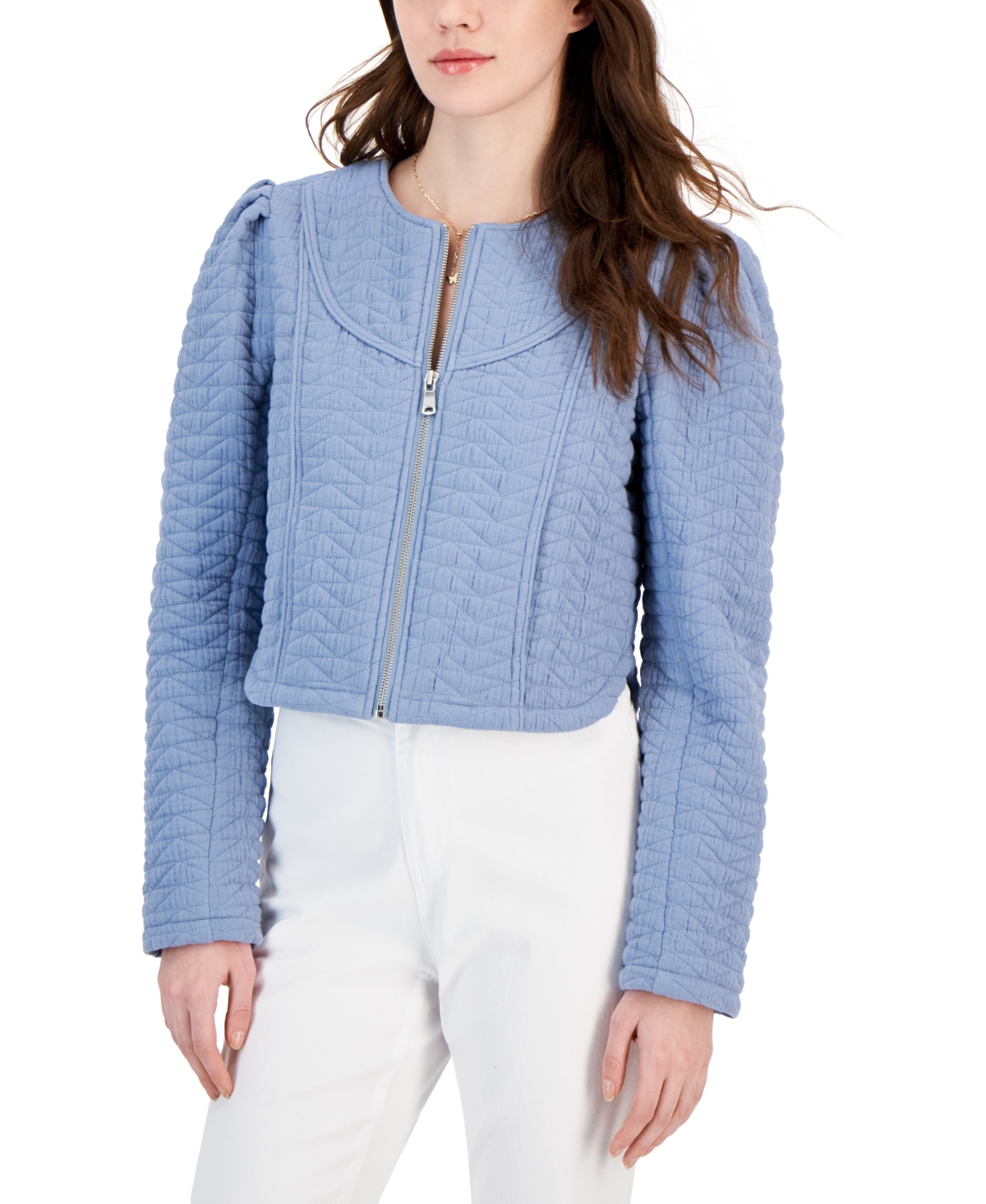 Shop Avec Les Filles Women's Quilted Puff-shoulder Zip-front Jacket In Dusty Blue