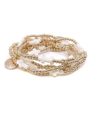 4mm Gold Filled Ball and Mother Of Pearl Cross Stretch Bracelet