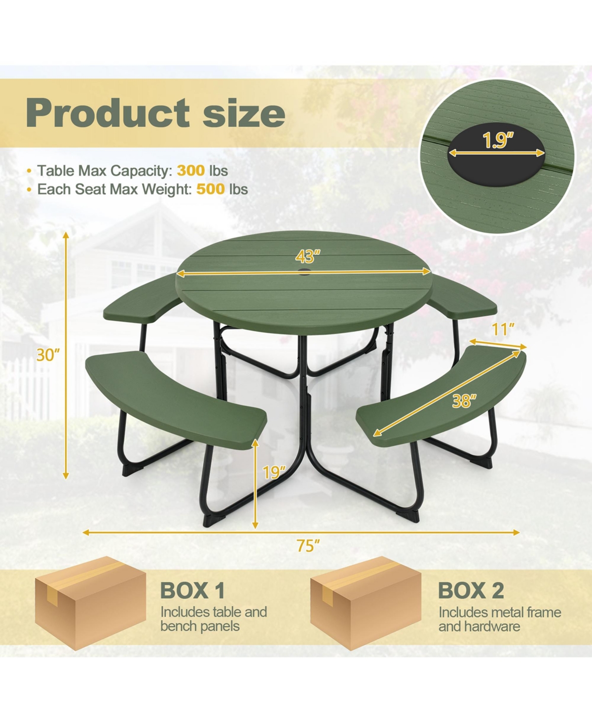 Outdoor 8-person Round Picnic Table Bench Set with 4 Benches & Umbrella Hole