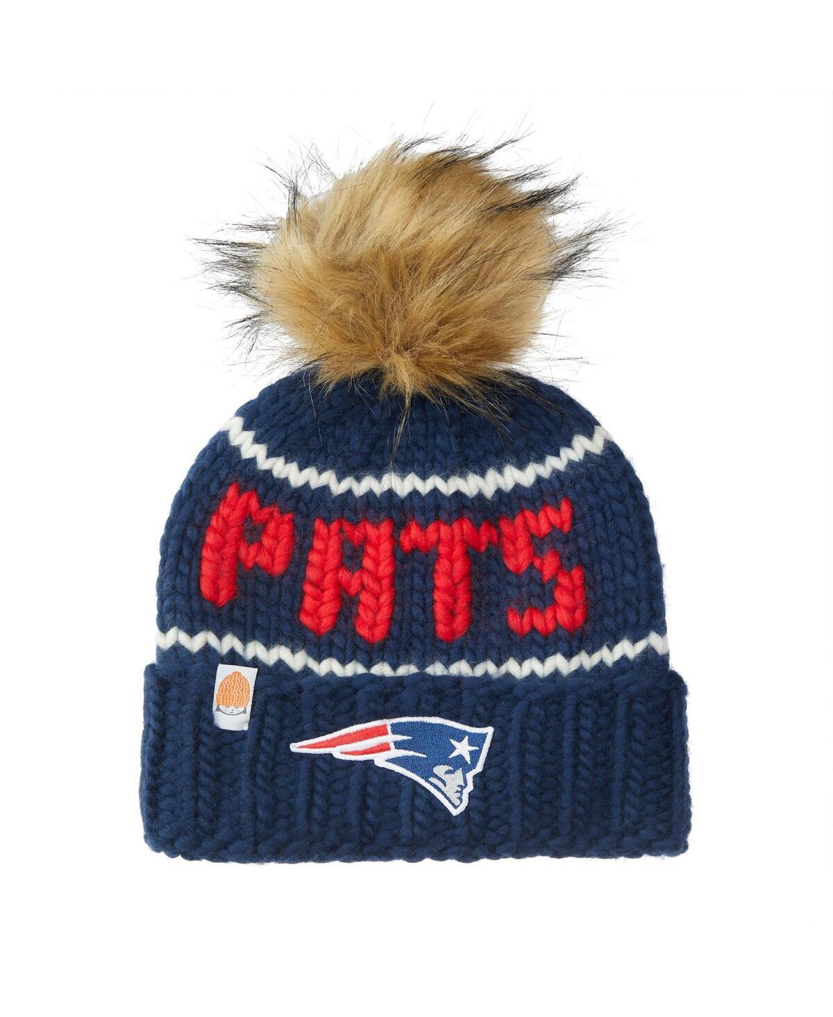 Sht That I Knit Women's Sh*t That I Knit Navy New England Patriots Hand-knit Brimmed Merino Wool Beanie With Faux Fu