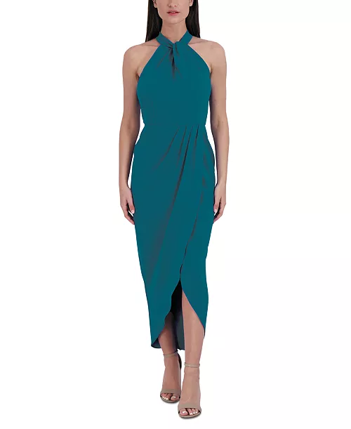 knot-neck tulip-hem midi dress