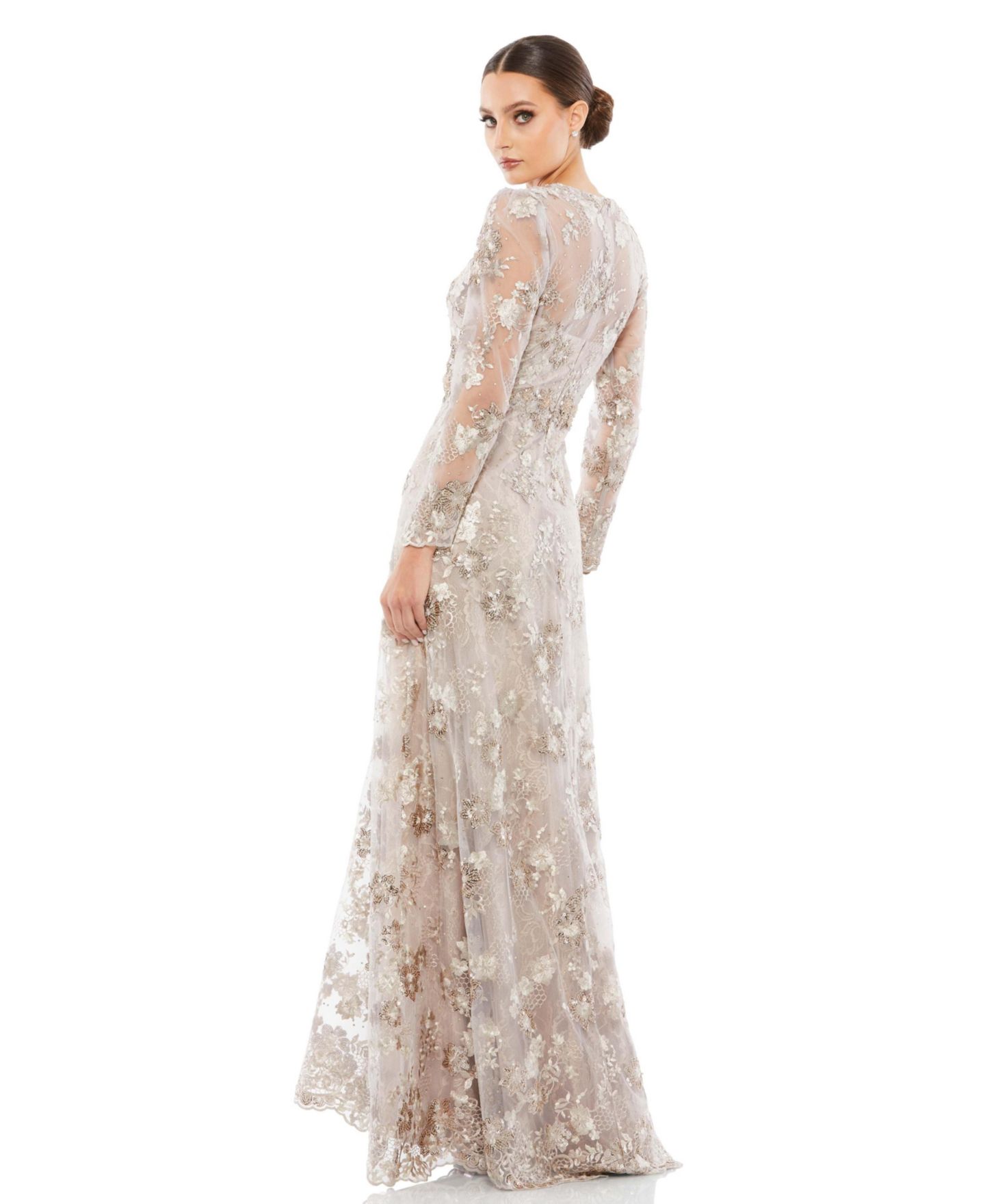 Женское вечернее платье Mac Duggal с цветочной вышивкой и длинным рукавом, цвет: Мокко — фото 2