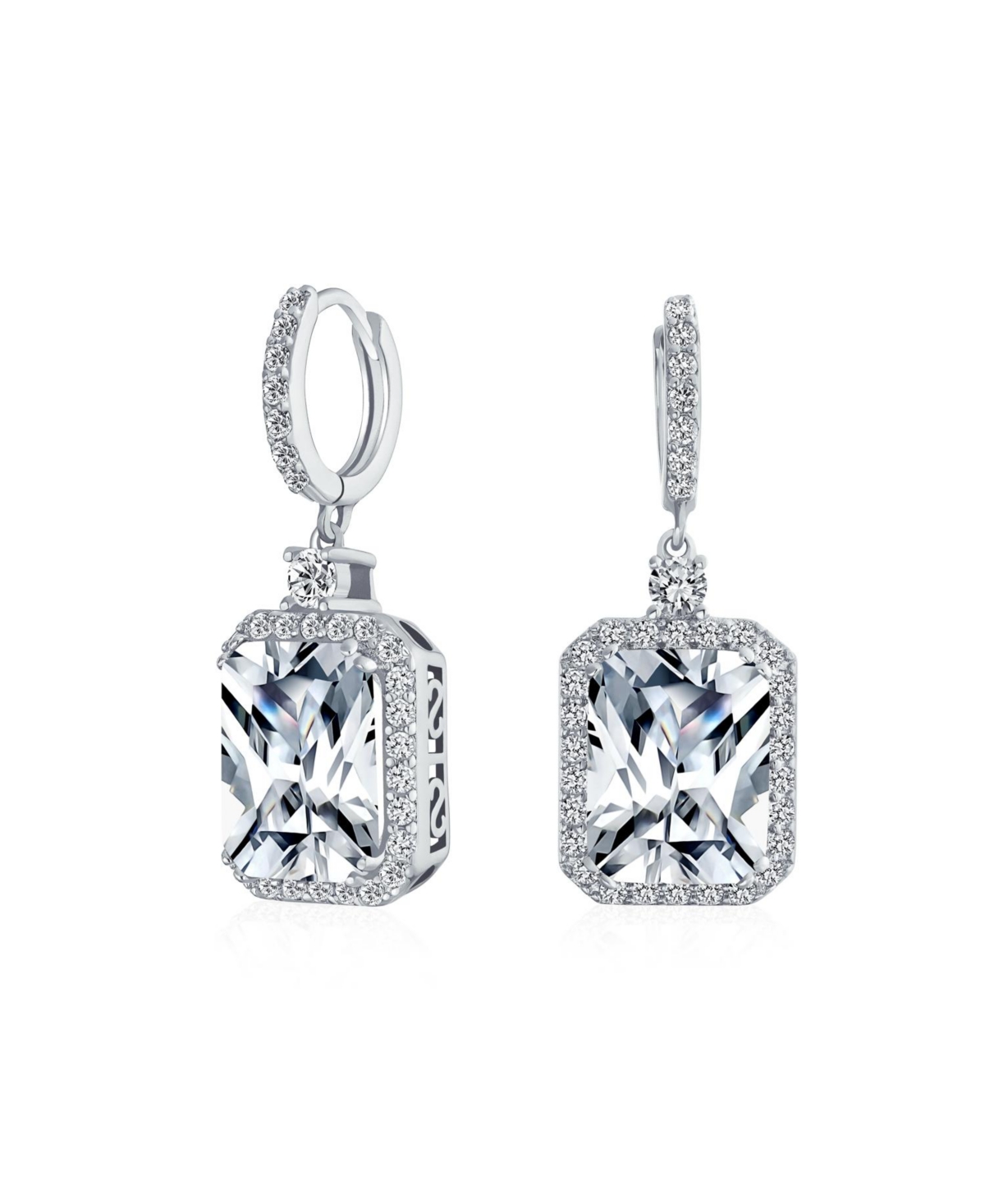 Statement Fashion 10CT Emerald Cut Cz Halo Dangle Huggie Dangle Earrings Prom Cubic Zirconia
