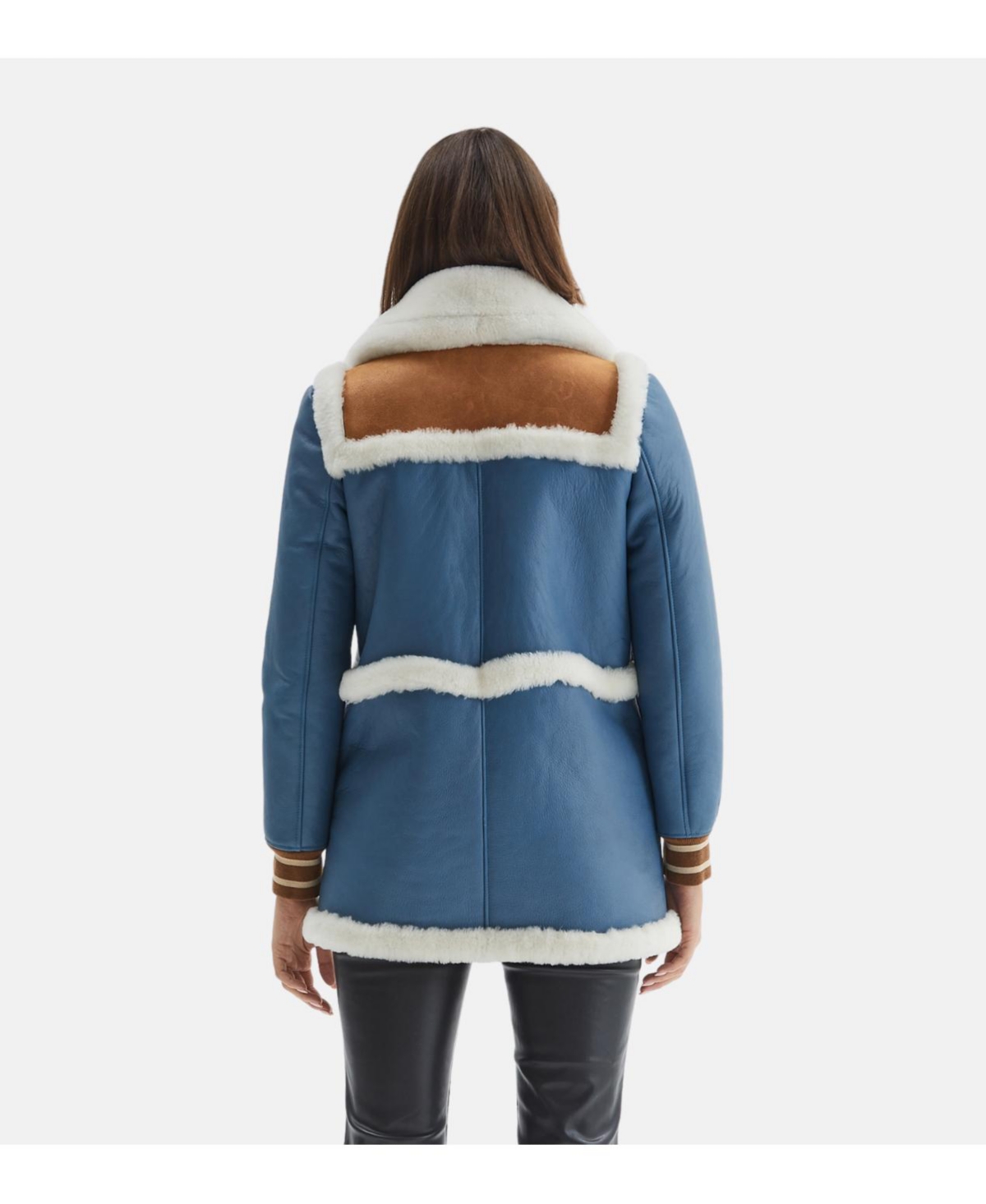 Furniq Uk Women's Shearling Leather Jacket,With White Wool - Blue