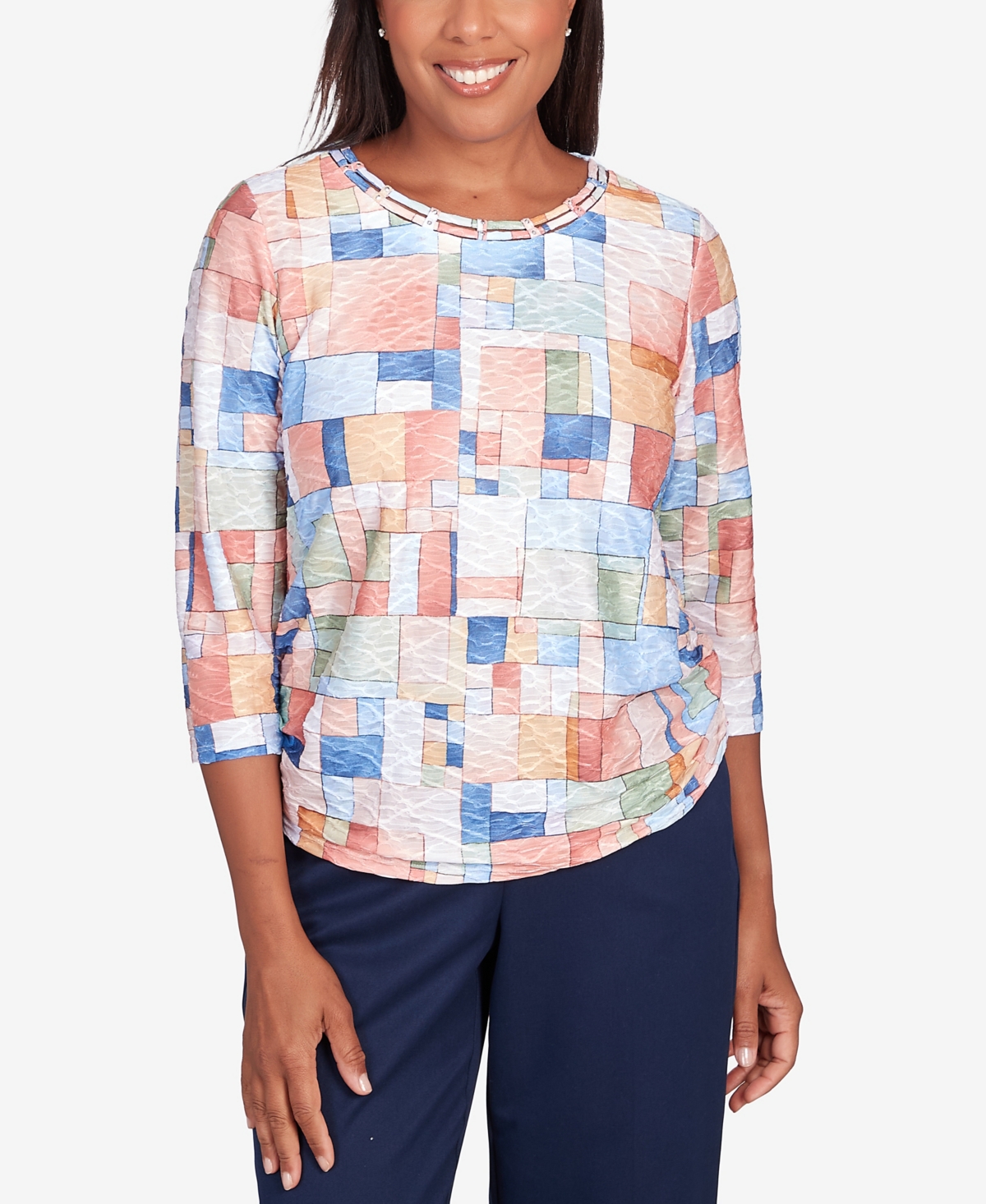 Shop Alfred Dunner Petite A Fresh Start Boxes Texture Shirttail Hem Top In Multi