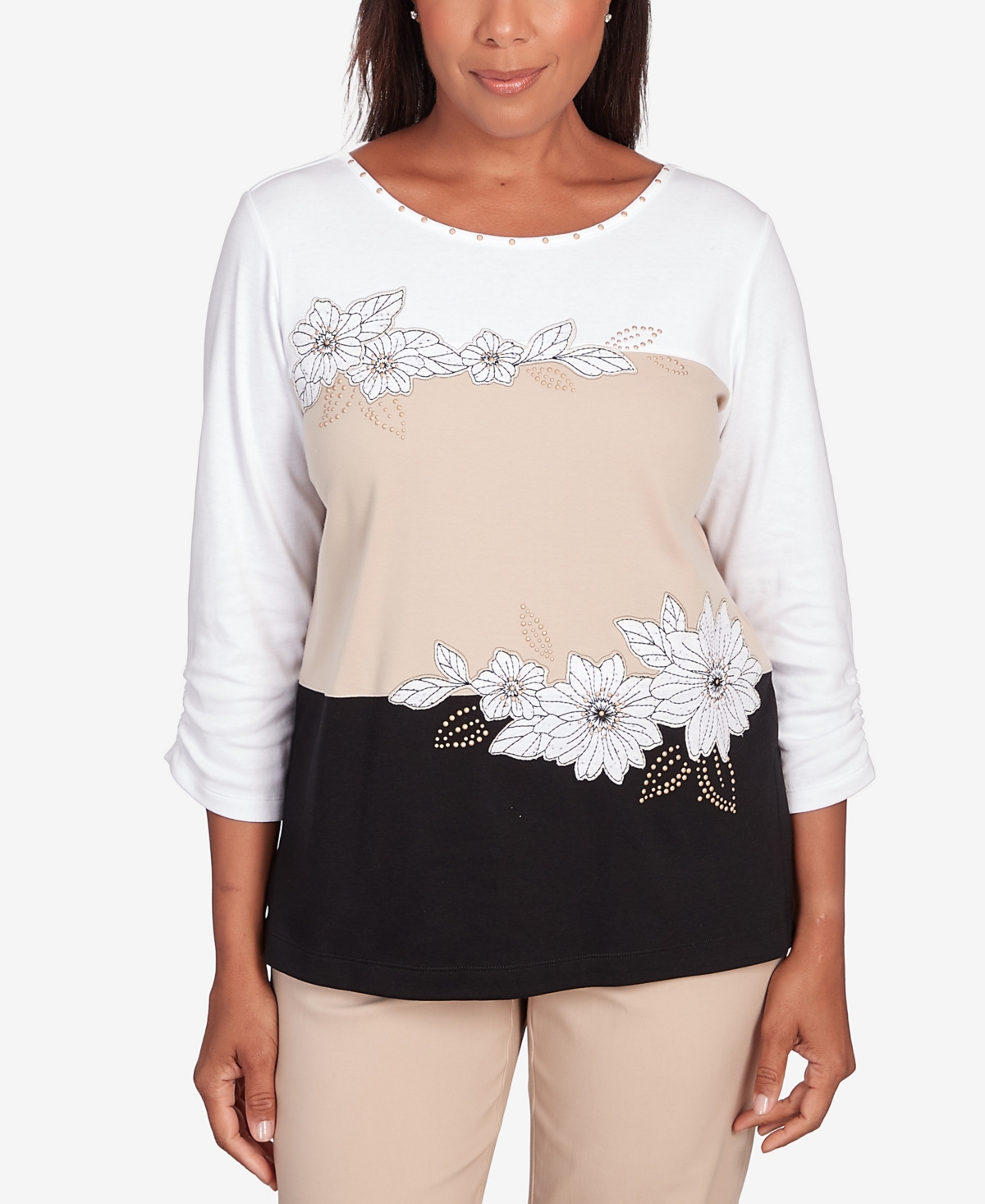 Alfred Dunner Petite Neutral Territory Blocked Floral Embroidery Top In Multi