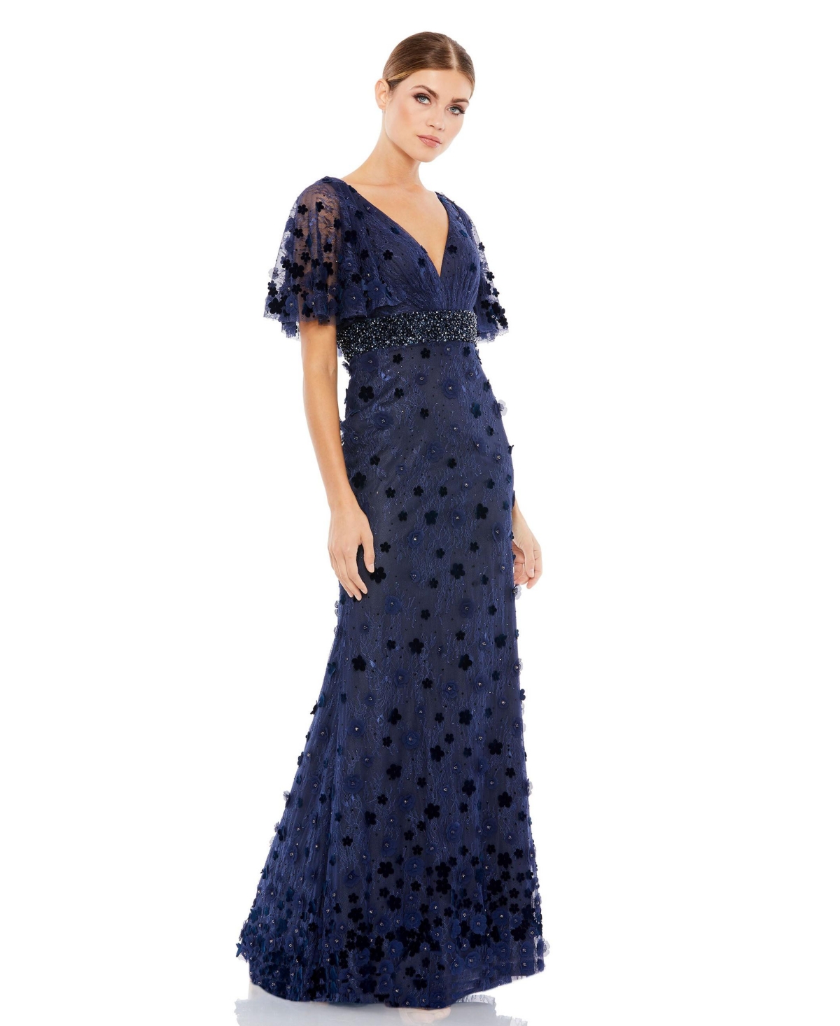 Mac Duggal Embellished Floral Short Sleeve Gown In Blue