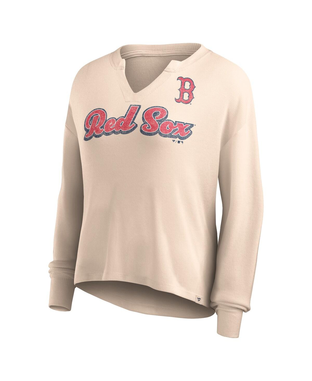 Women's FanaticsDistressed Boston Red Sox Go For It Waffle Knit Long Sleeve Notch Neck T-shirt - Cream