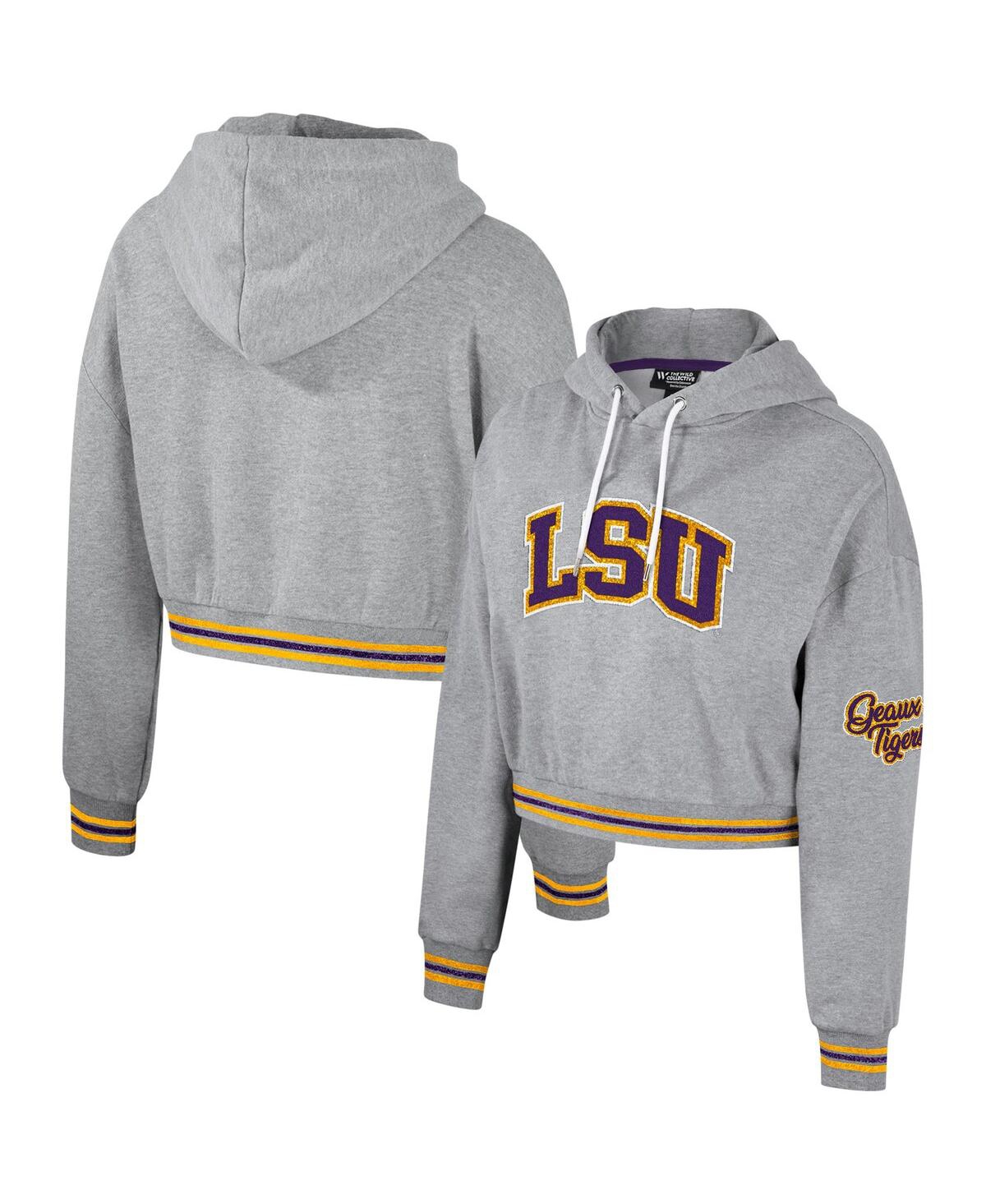 Women's The Wild Collective Heather Gray Distressed Lsu Tigers Cropped Shimmer Pullover Hoodie - Heather Gray