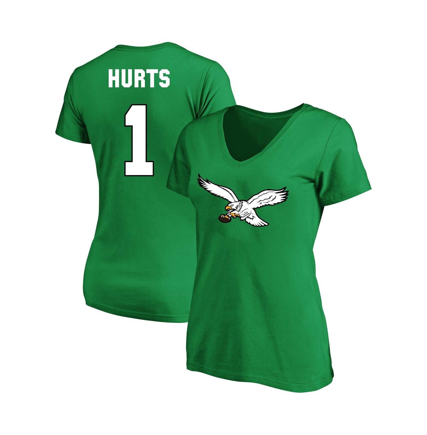 Женская футболка Fanatics Jalen Hurts Kelly Green Philadelphia Eagles Plus Size Throwback Player Name and Number V-Neck — фото 1