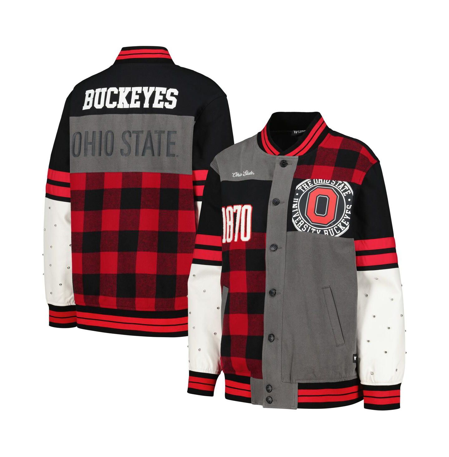 Женская куртка The Wild Collective Black Distressed Ohio State Buckeyes Multi Vintage-Like Button-Up Bomber — фото 1
