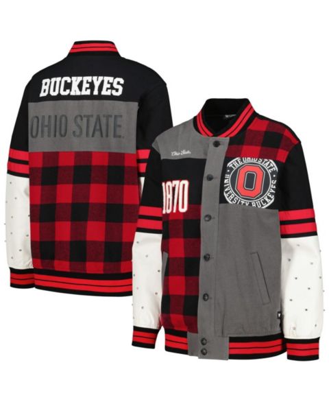 Женские куртки The Wild Collective Women's Black Distressed Ohio State Buckeyes Multi Vintage-Like Button-Up Bomber Jacket