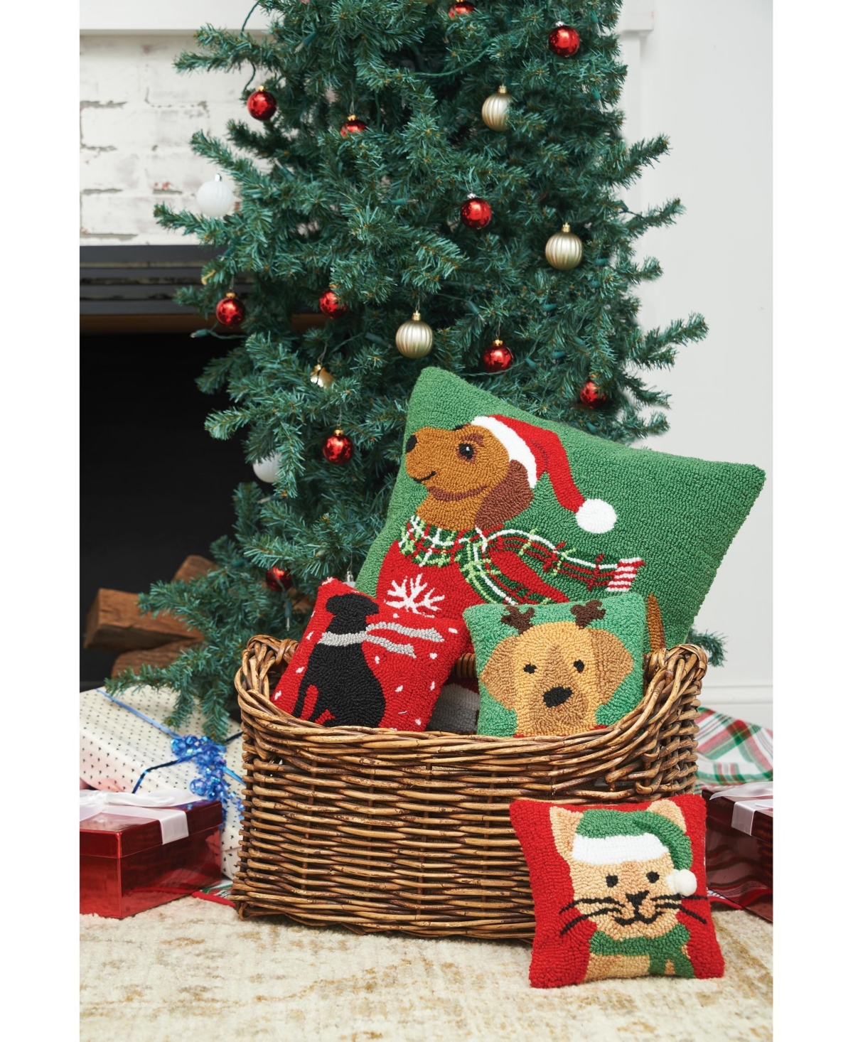 8" x 8" Winter Christmas Black Dog with Scarf Silhouette on Red Background Petite Accent Hooked Throw Pillow