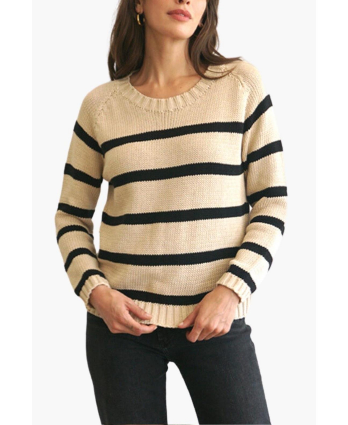 Women's Cotton Sloane Crewneck Pullover Sweater - Off white/ black stripe
