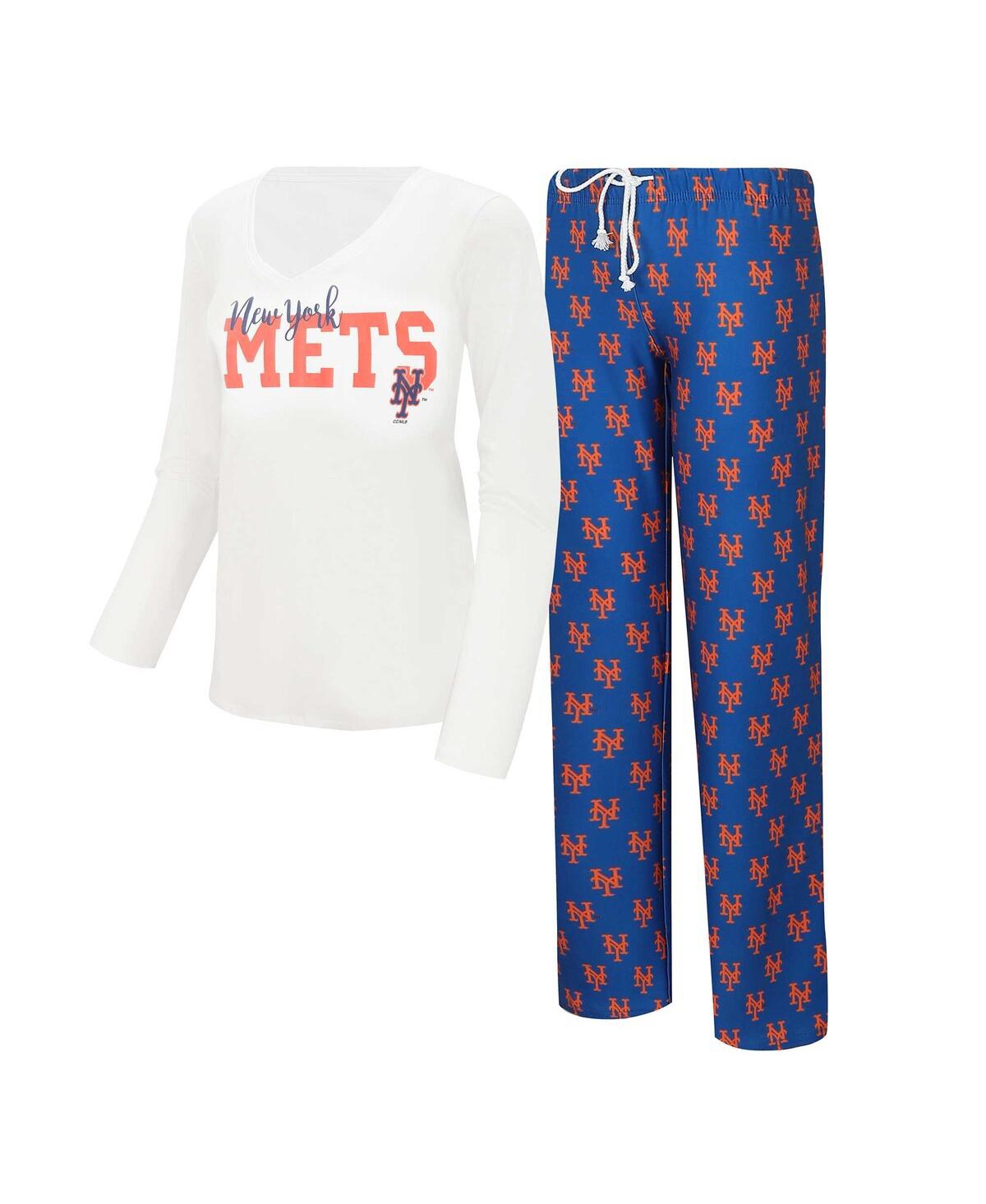Concepts Sport Women's  White, Royal New York Mets Long Sleeve V-neck T-shirt And Gauge Pants Sleep S In White,royal