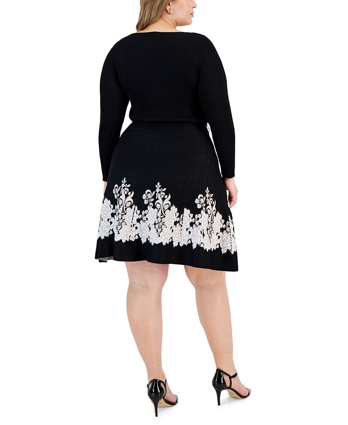 Plus Size Embroidered Tie Neck Long Sleeve Mini Dress main image 0