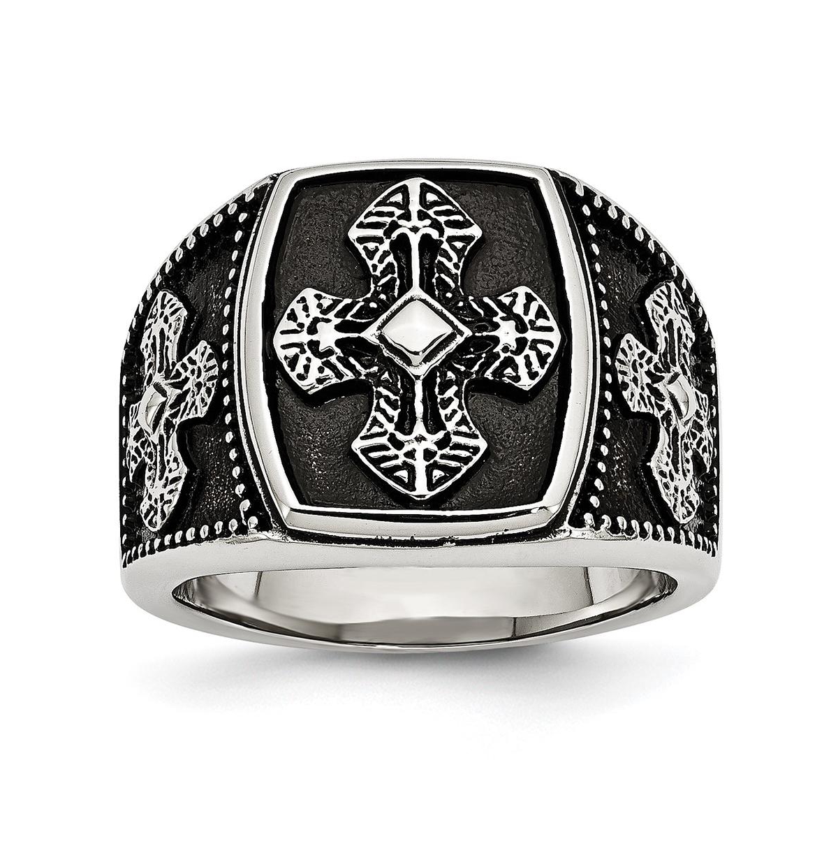 Stainless Steel Antiqued Polished and Textured Cross Ring - White