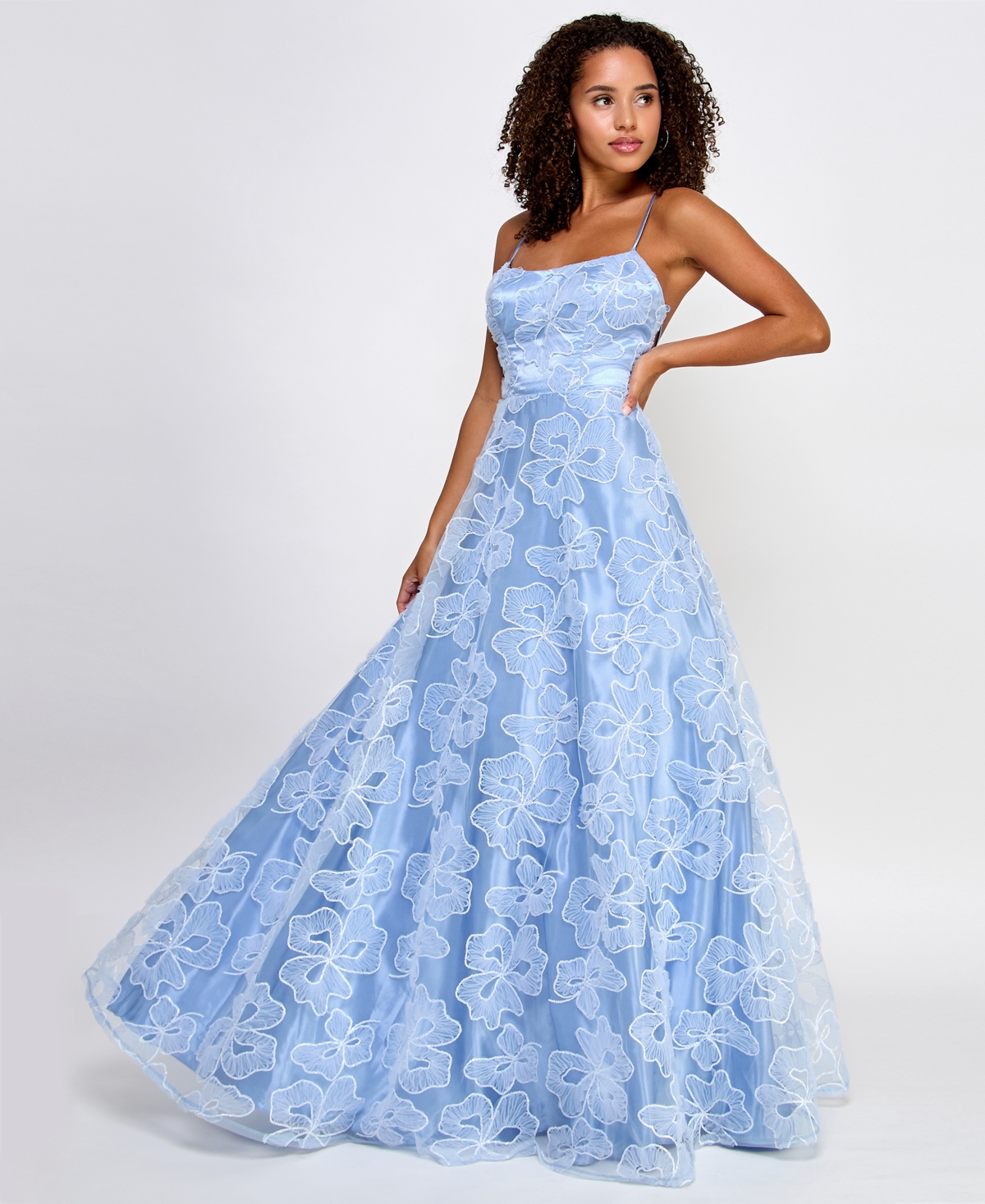 Juniors' Sequin-And-Lace Strappy Ball Gown, Created for Macy's - Sky Blue