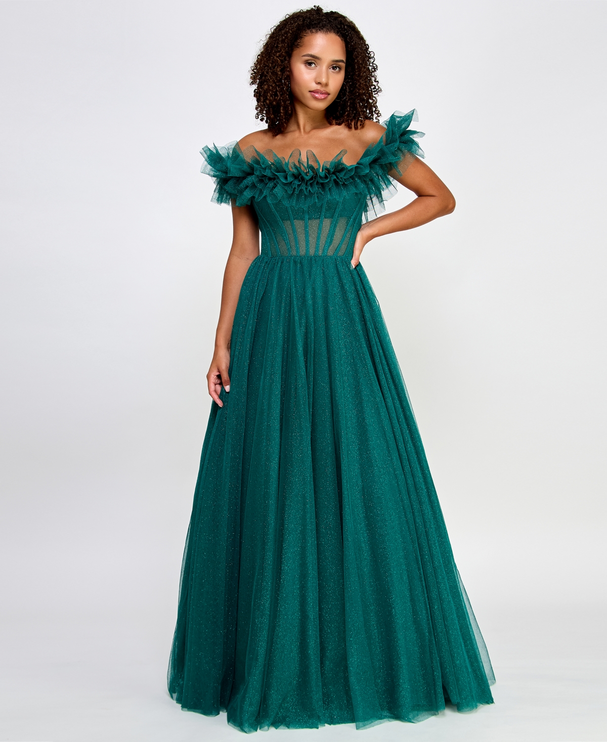 Juniors' Ruffled-Neckline Shimmering Ball Gown, Created for Macy's - Jade