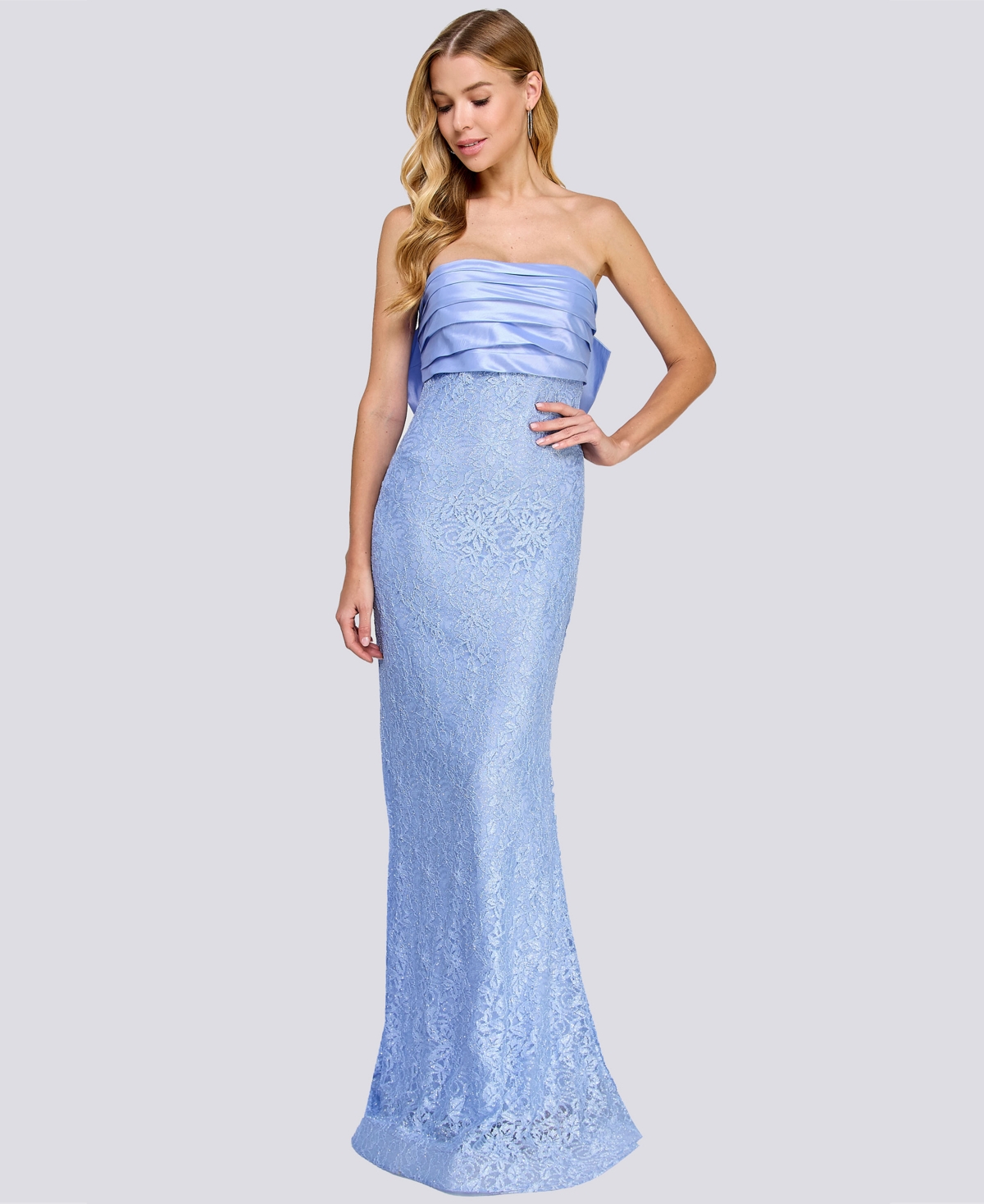 City Studios Juniors' Strapless Glitter-lace Back-bow Ball Gown, Created For Macy's In Periwinkle,silver